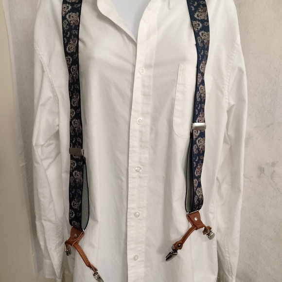 Paisley Blue Men's Suspenders with Leather Accents Formal Bridal Adjustable - Picture 2 of 7